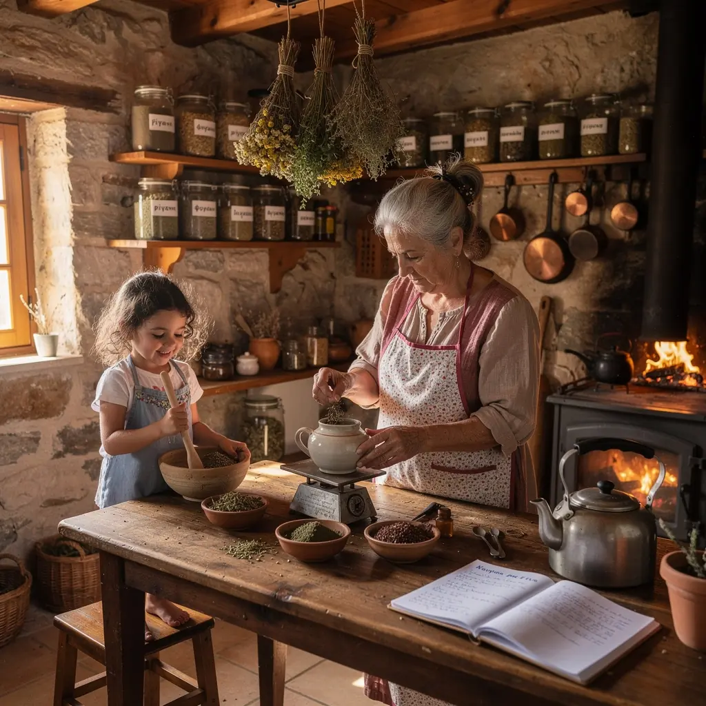 Φυσικά βότανα σε ένα ξύλινο τραπέζι, έτοιμα για παρασκευή.