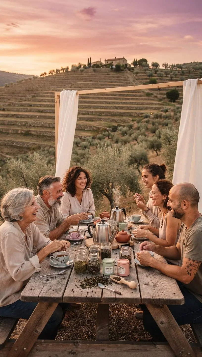 Φωτογραφία τσαγιού σε κούπα με φόντο ελληνικά βουνά και φύση.